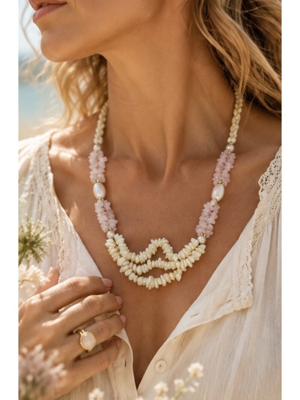 Vintage Rose Quartz Mother Of Pearl Statement Necklace Romantic Cottagecore